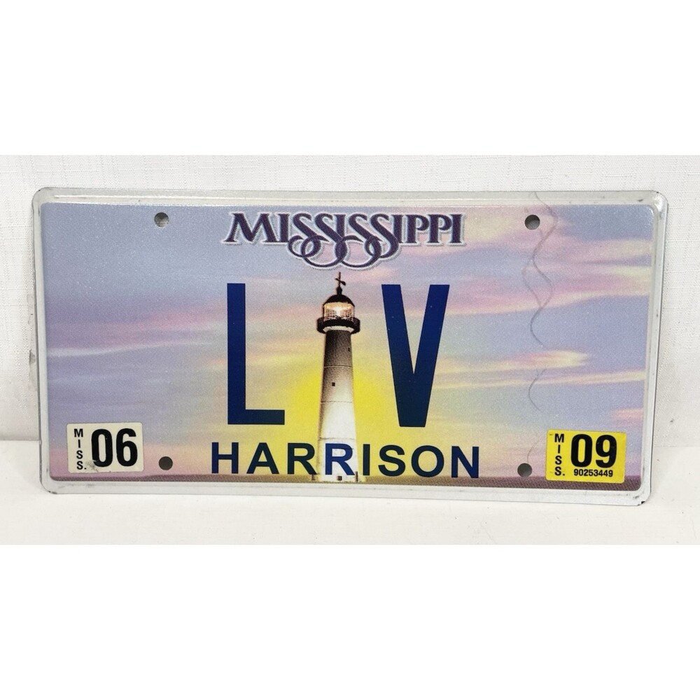 2009 Mississippi Harrison County Vanity L V License Plate Lighthouse Sunset Sky